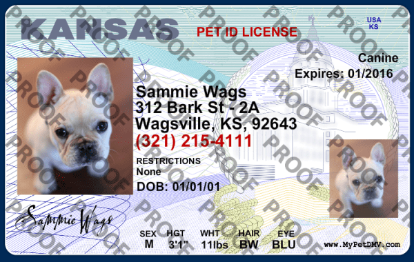 Kansas custom dog driver license style ID tag